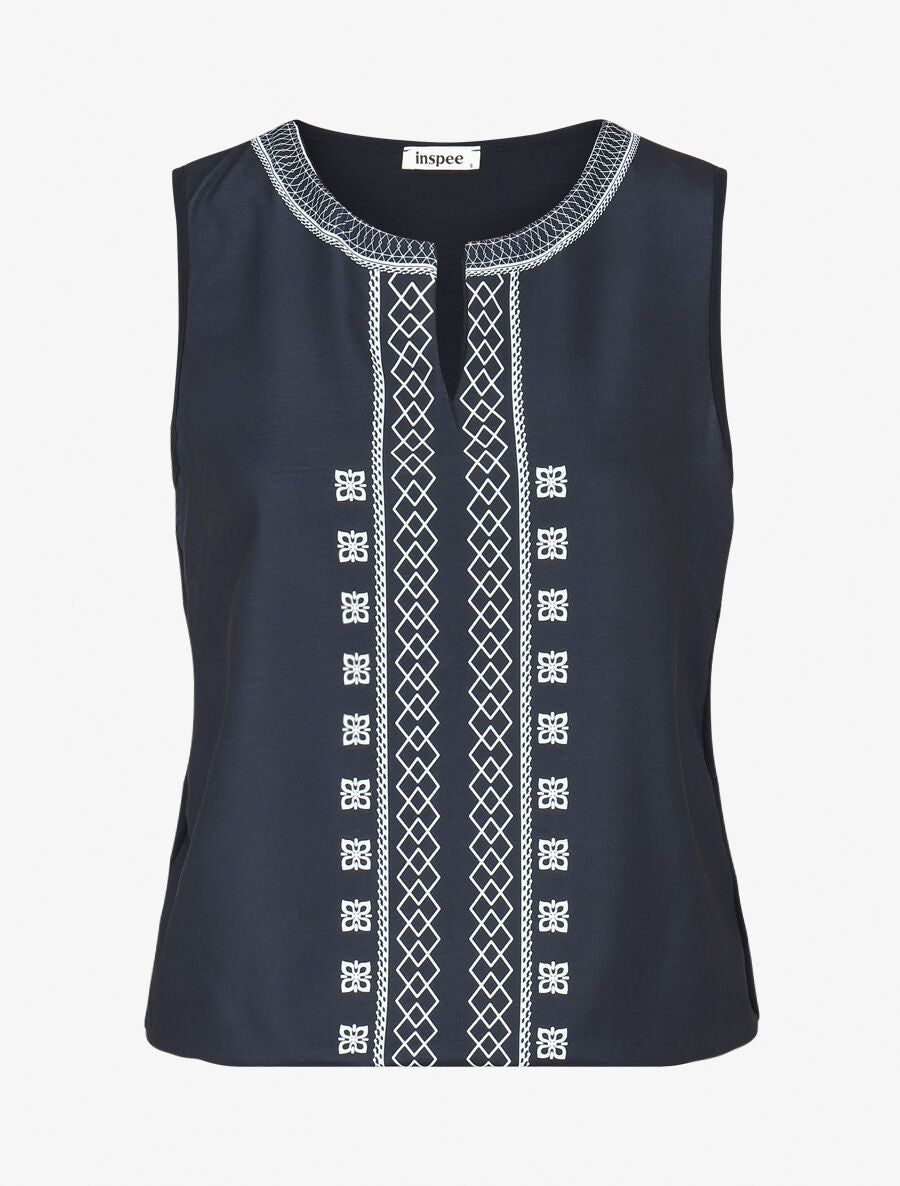 Top sans manches à imprimé style broderie - Marine - 1