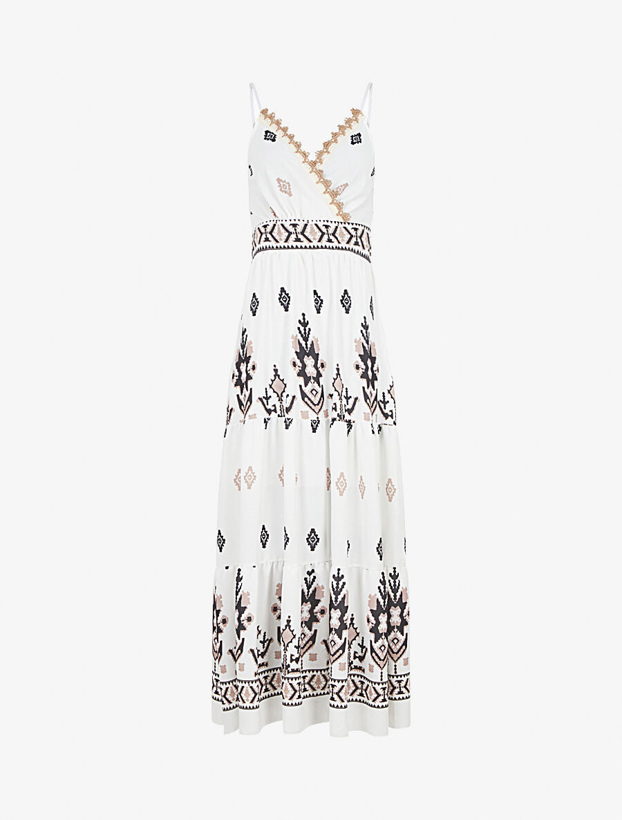Robe longue à taille élastiquée imprimé ikat - Blanc - 1