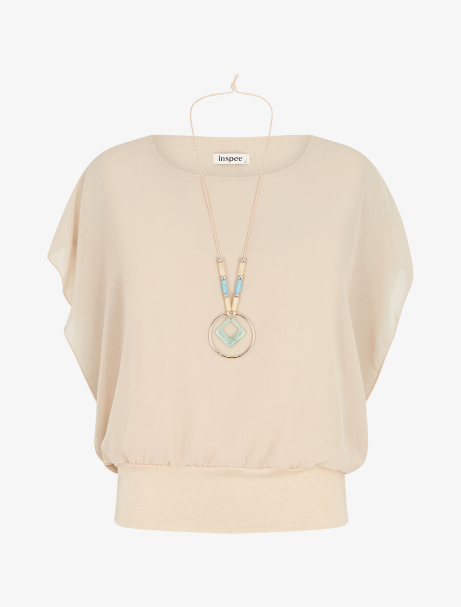 Top uni en voile à manches volantées - Beige - 1