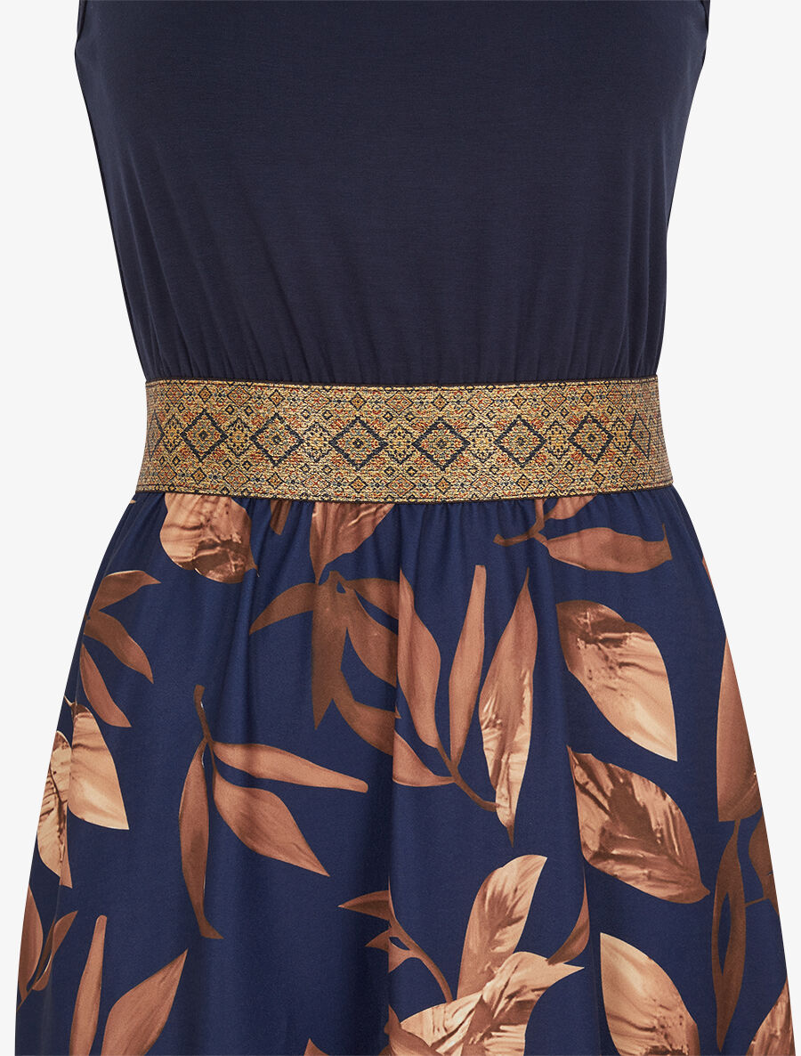 Robe longue à bretelles imprimé feuilles - Marine - 3