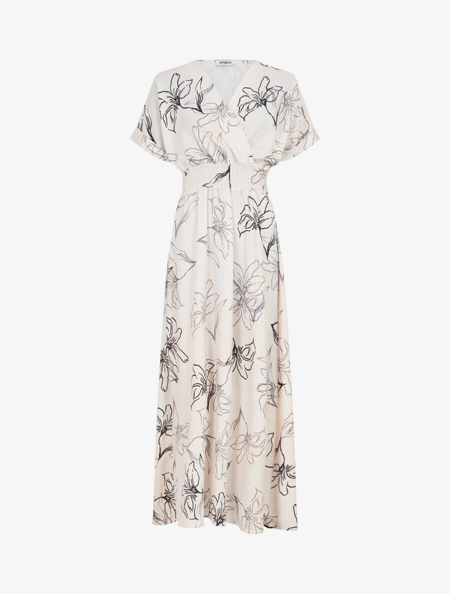 Robe longue manches courtes imprimé végétal - Beige - 1