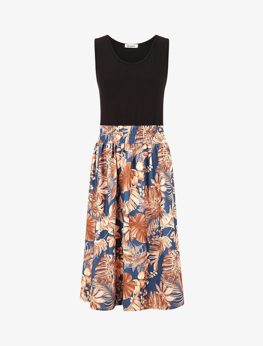 Robe midi évasée sans manches imprimé tropical - Bleu - 4