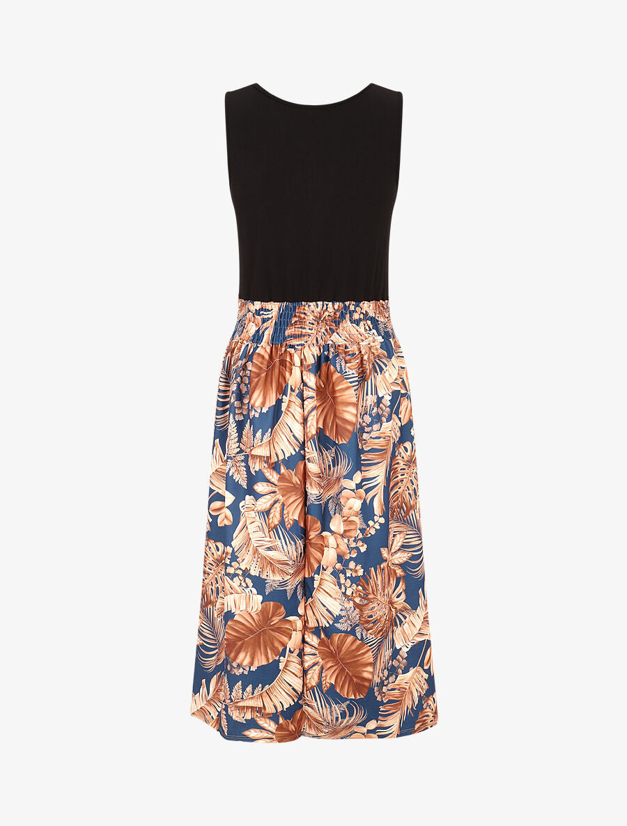 Robe midi évasée sans manches imprimé tropical - Bleu - 2