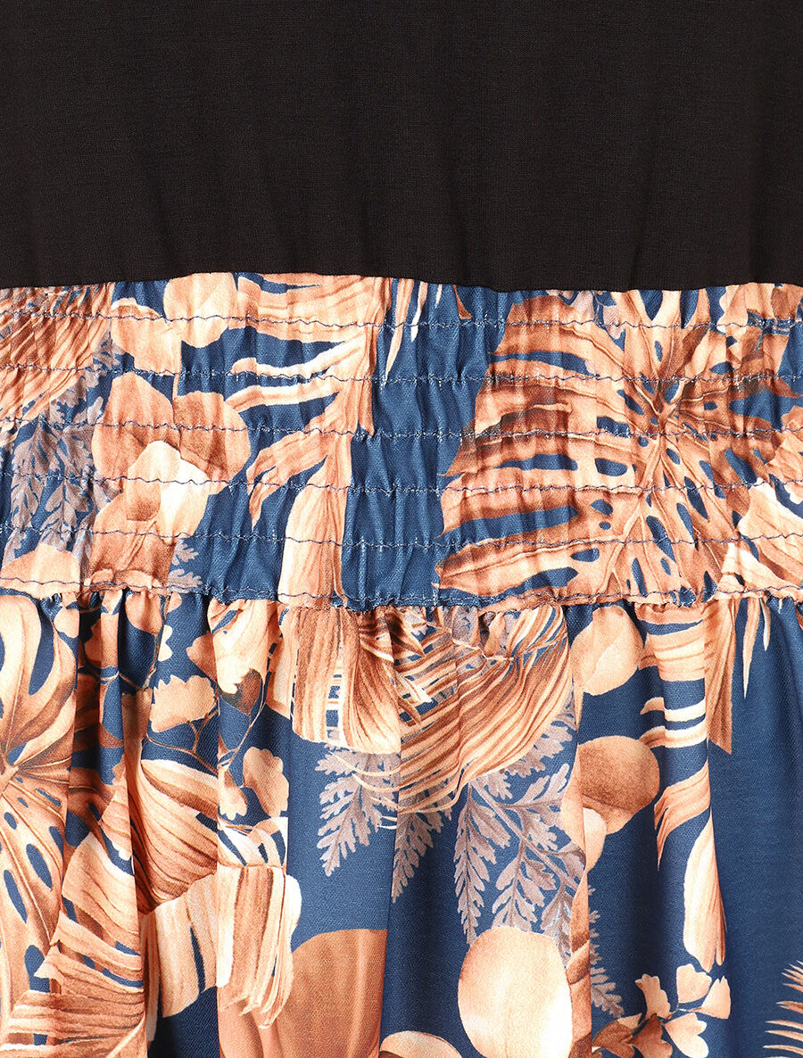 Robe midi évasée sans manches imprimé tropical - Bleu - 3