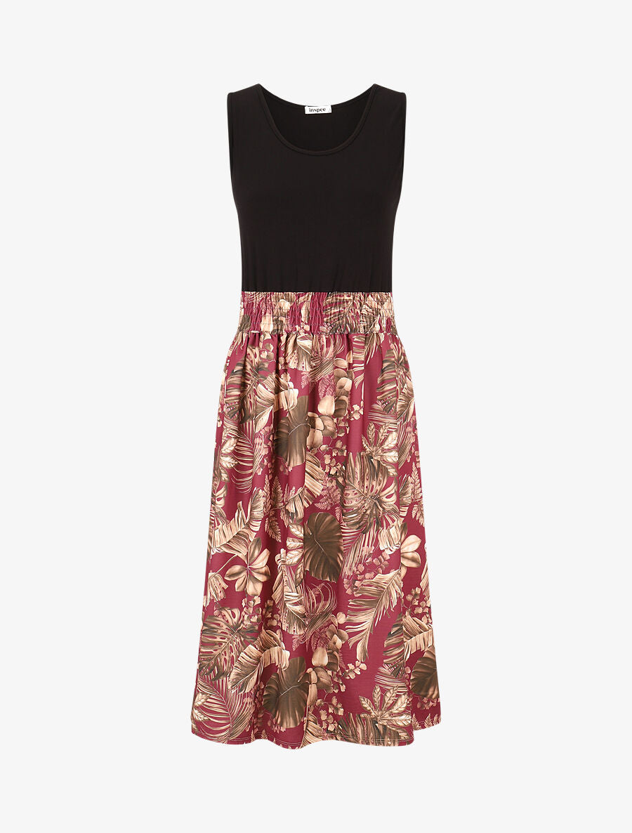 Robe midi évasée sans manches imprimé tropical - Bordeaux - 4