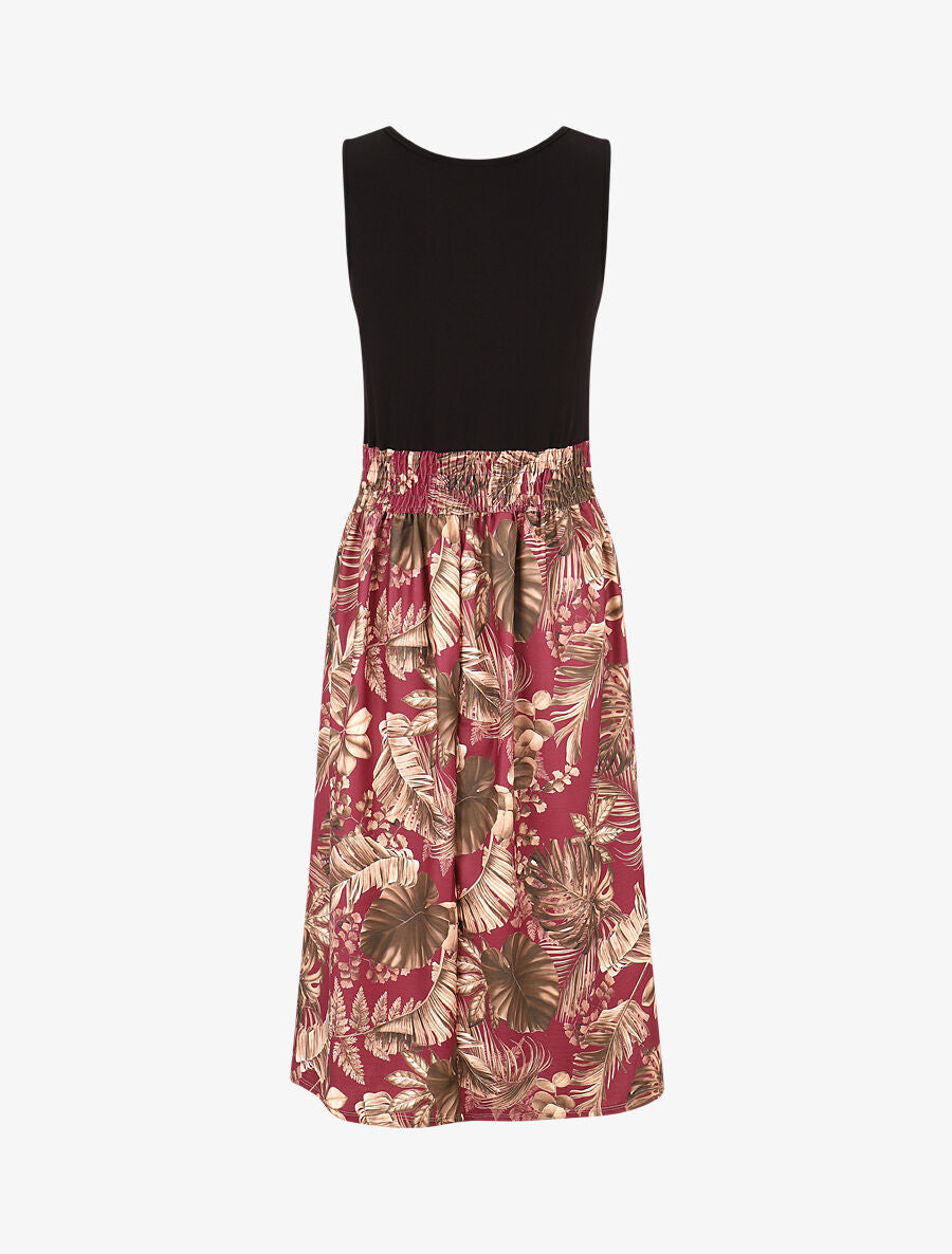 Robe midi évasée sans manches imprimé tropical - Bordeaux - 2