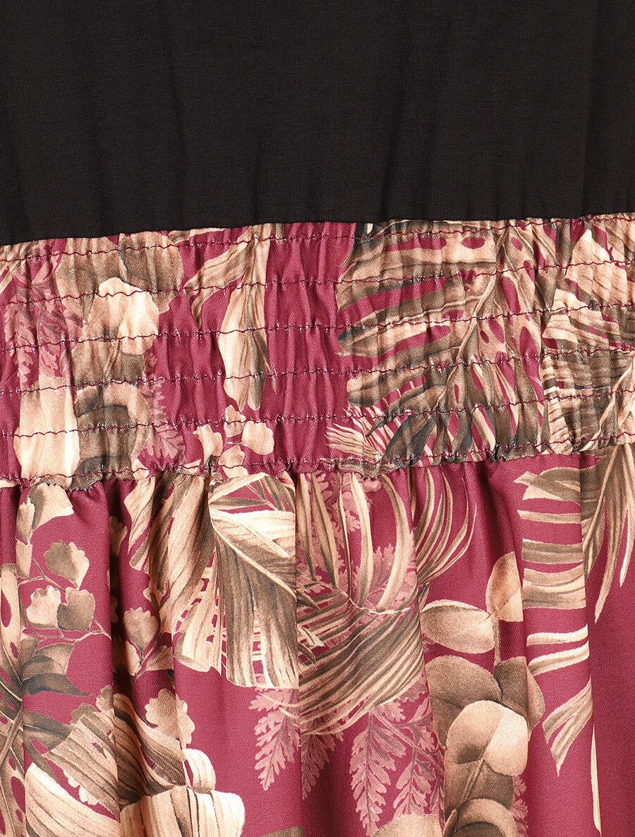 Robe midi évasée sans manches imprimé tropical - Bordeaux - 3