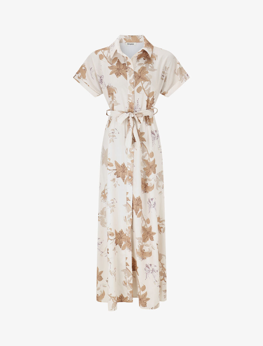 Robe chemise longue imprimé fleuri - Beige - 1