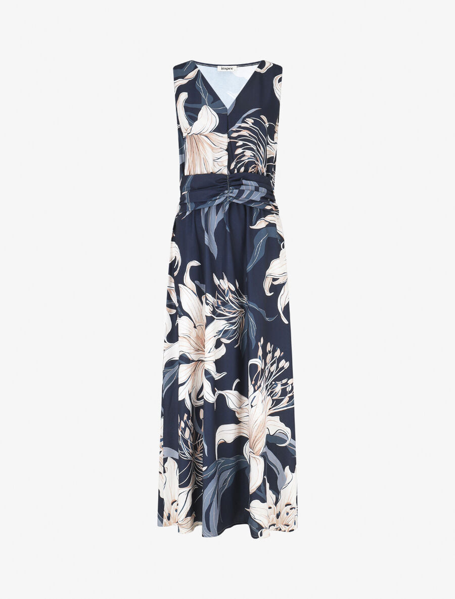 Robe longue élastiquée imprimé floral - Marine - 4