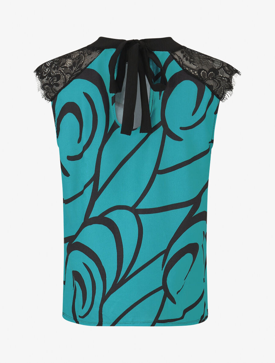 Top imprimé abstrait à manches courtes en dentelle - Turquoise - 2