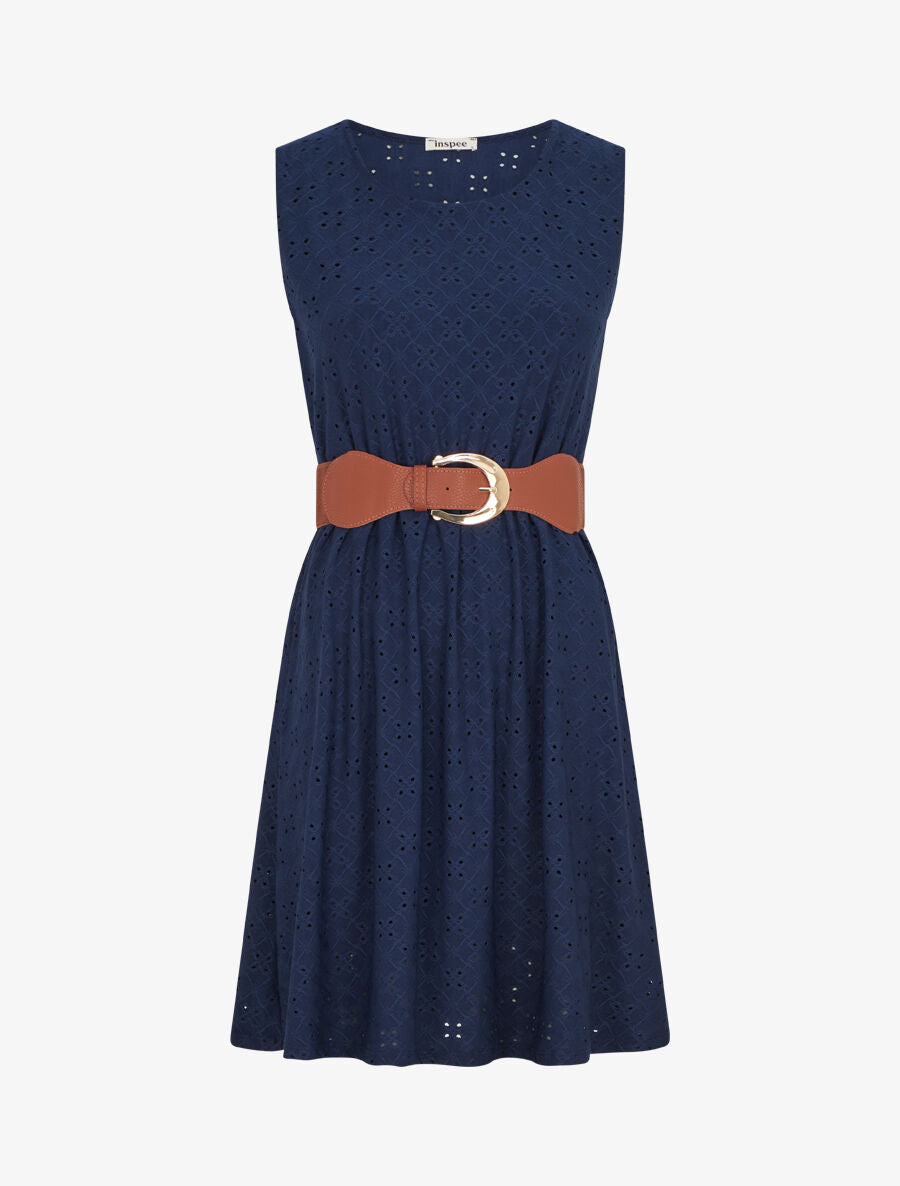 Robe droite unie et ajourée - Marine - 4