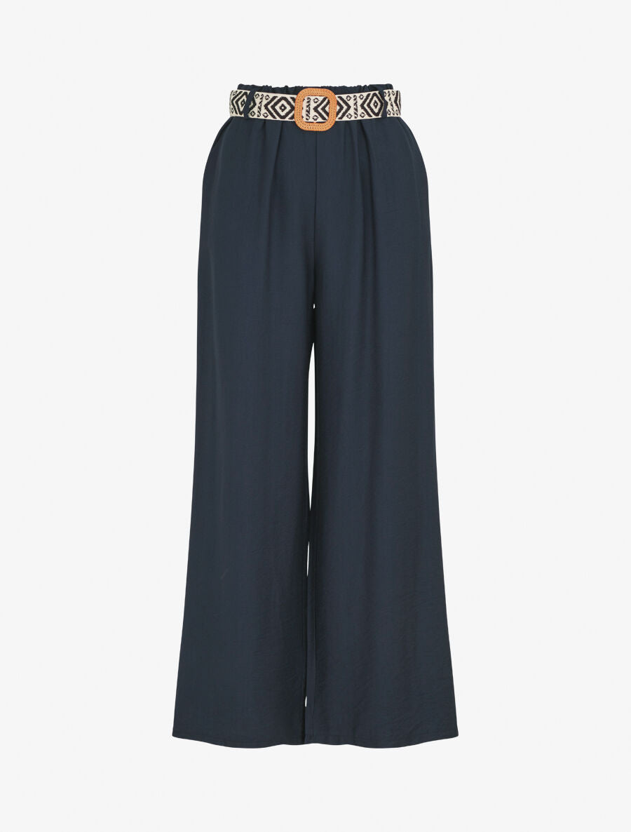 Pantalon uni à taille élastiquée - Marine - 1
