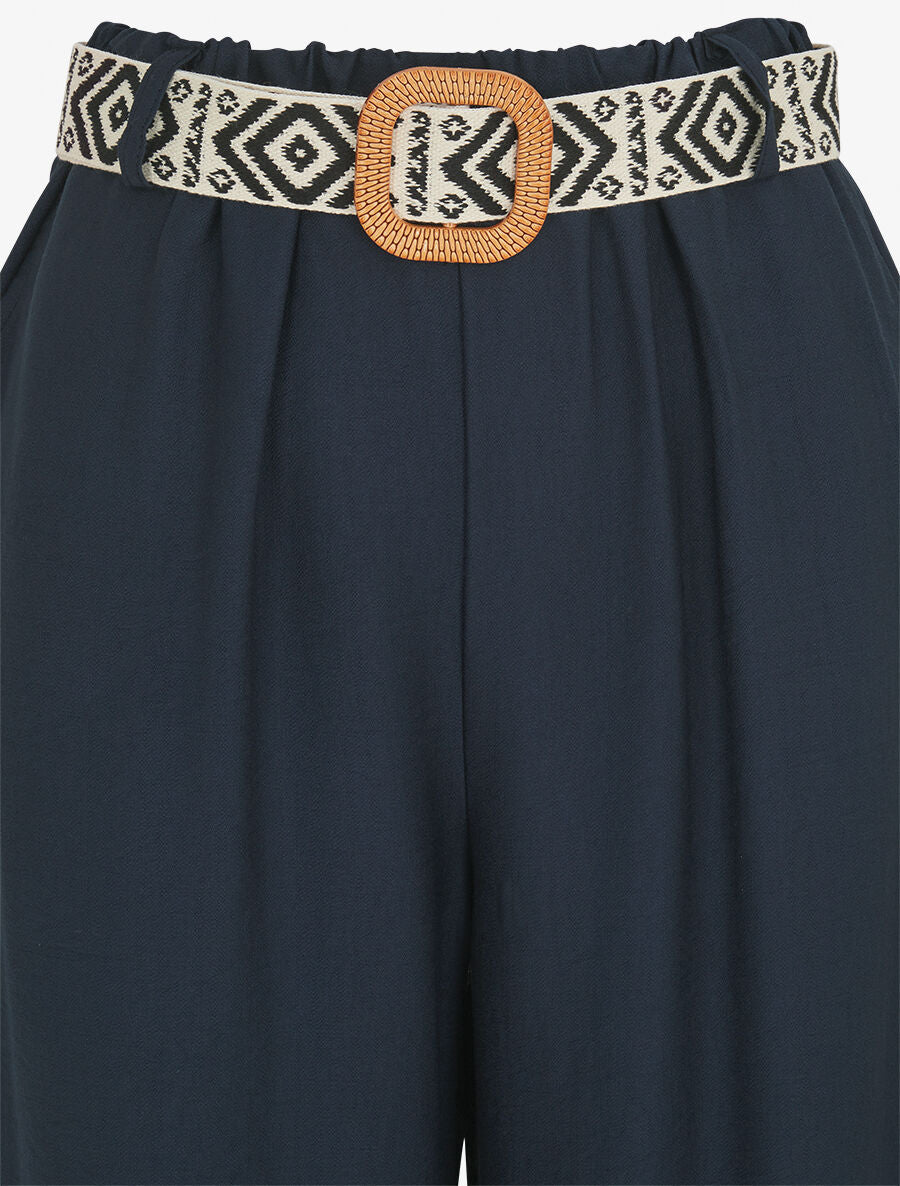 Pantalon uni à taille élastiquée - Marine - 3