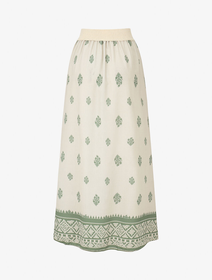 Jupe longue évasée imprimé arabesque - Kaki - 2