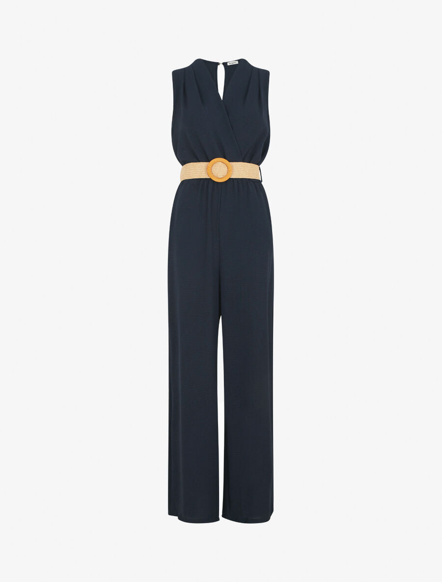 Combinaison ceinturée sans manches coupe droite - Marine - 1