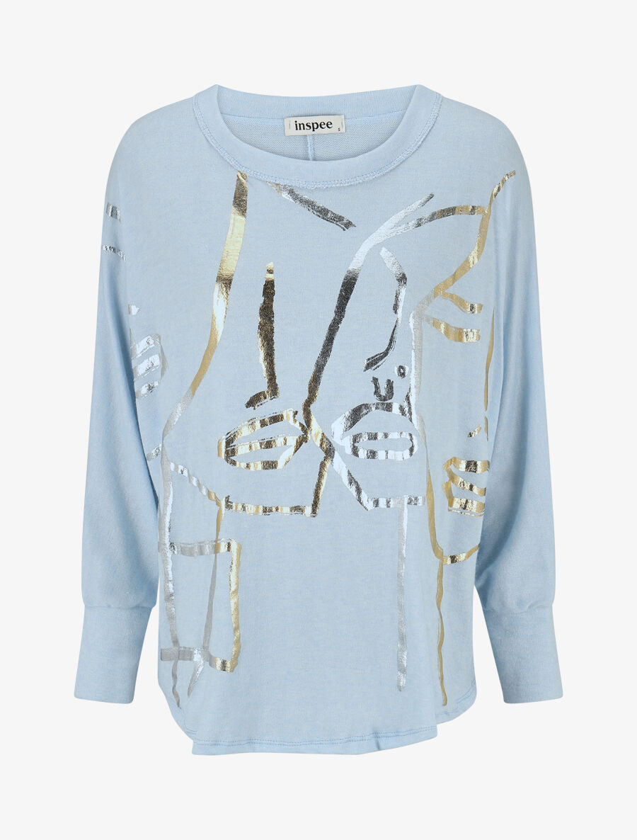 Pull fin droit flocage stylisé irisé - Bleu ciel - 1