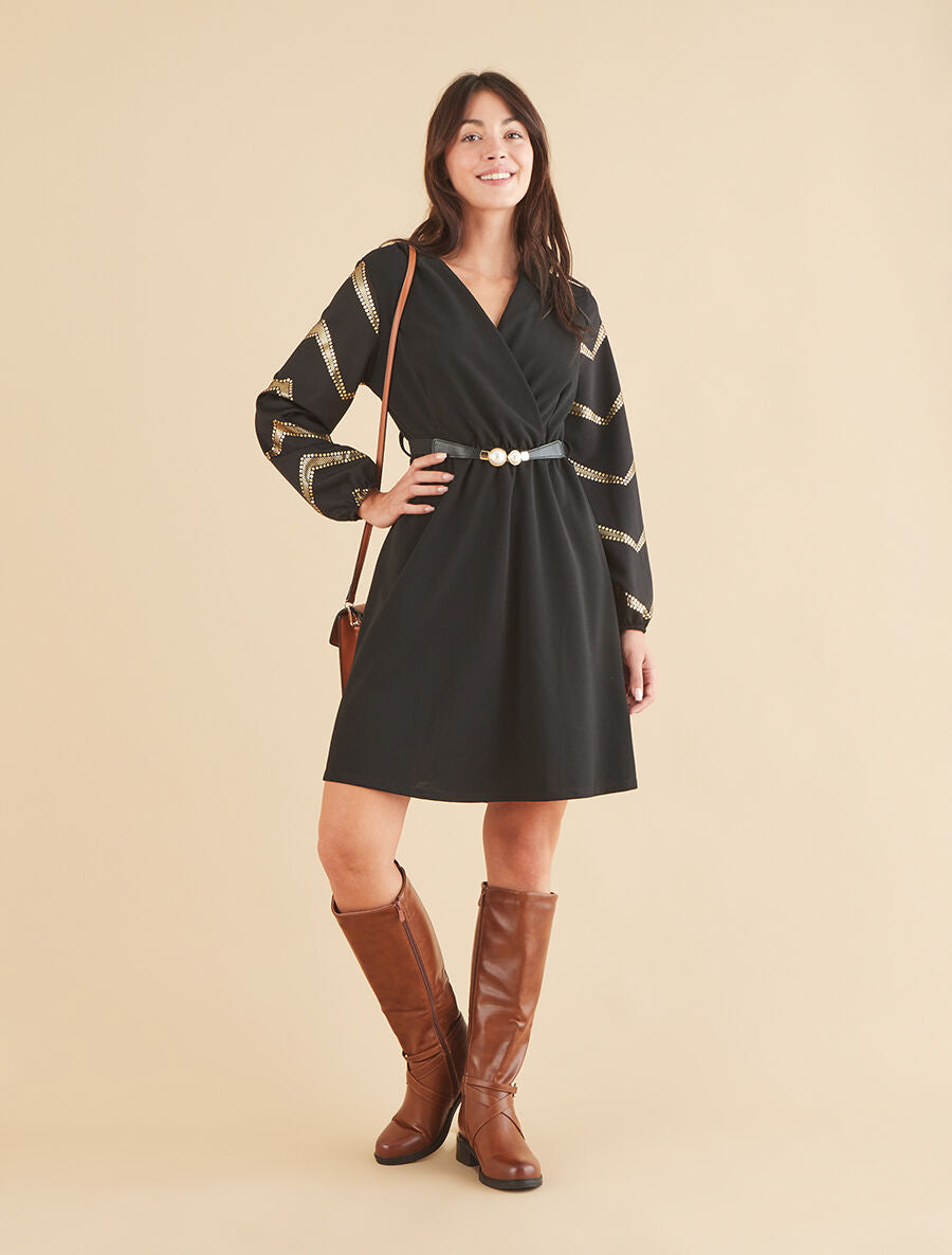 Robe patineuse à manches à imprimés dorés - Noir - 4