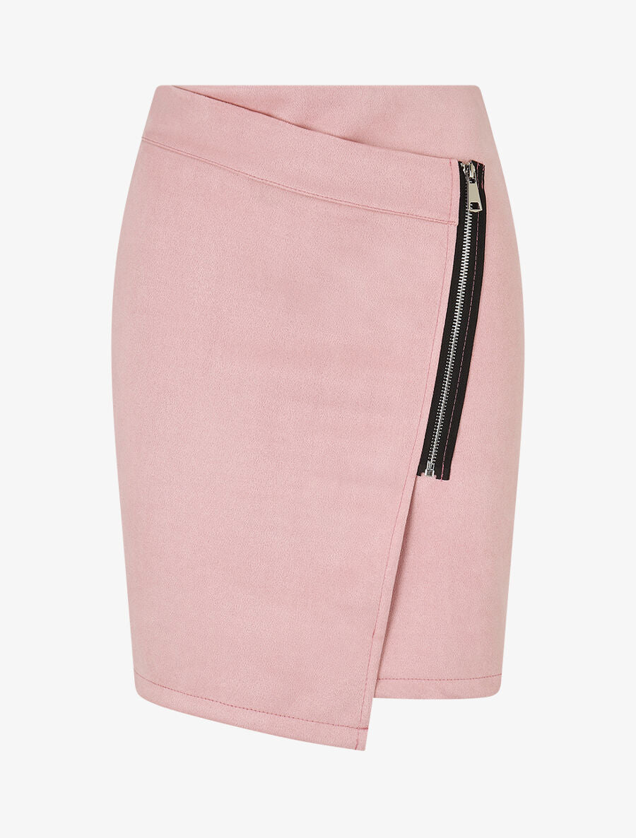 Jupe courte zippée en suédine - Rose - 1