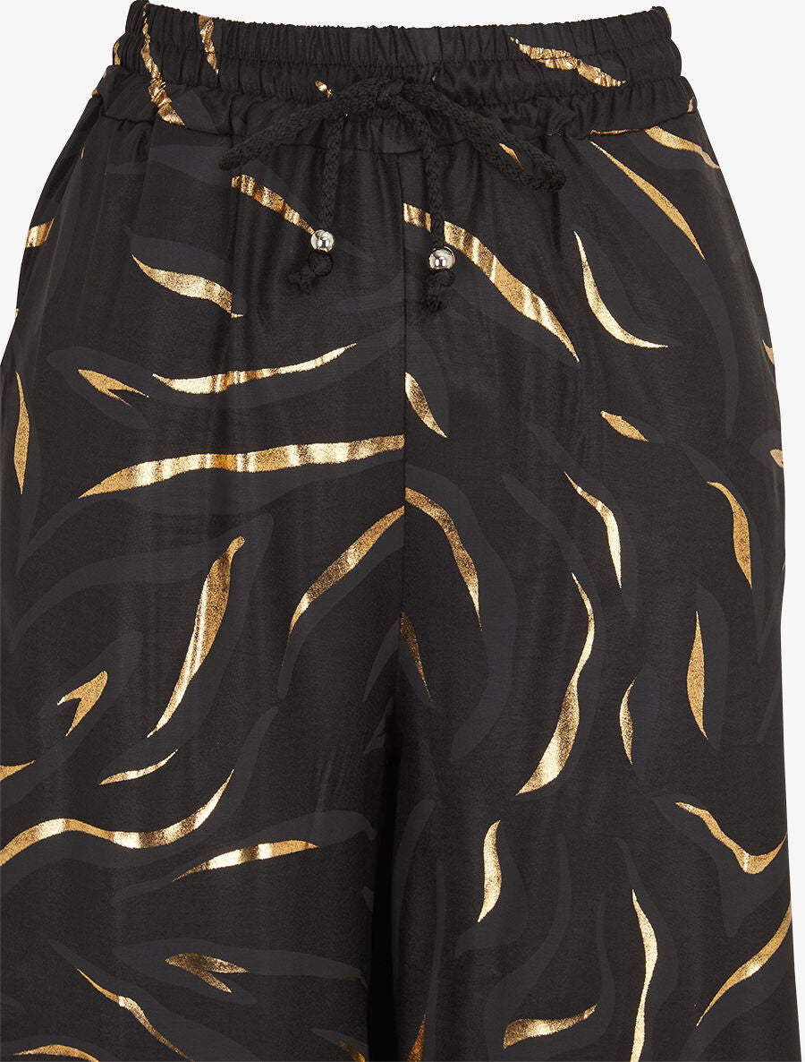 Pantalon satiné taille haute à motif doré - Noir - 3