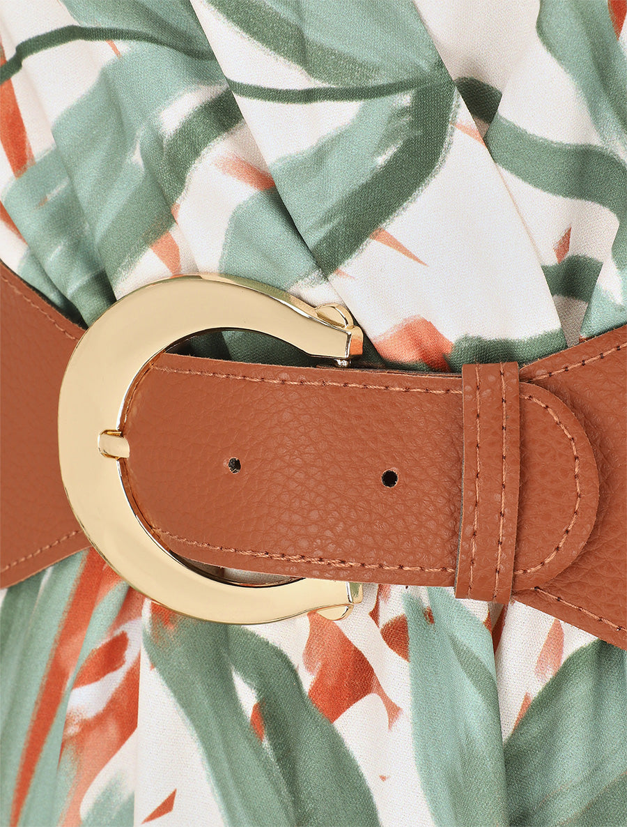 Robe longue élastiquée imprimé feuillage - Kaki - 3