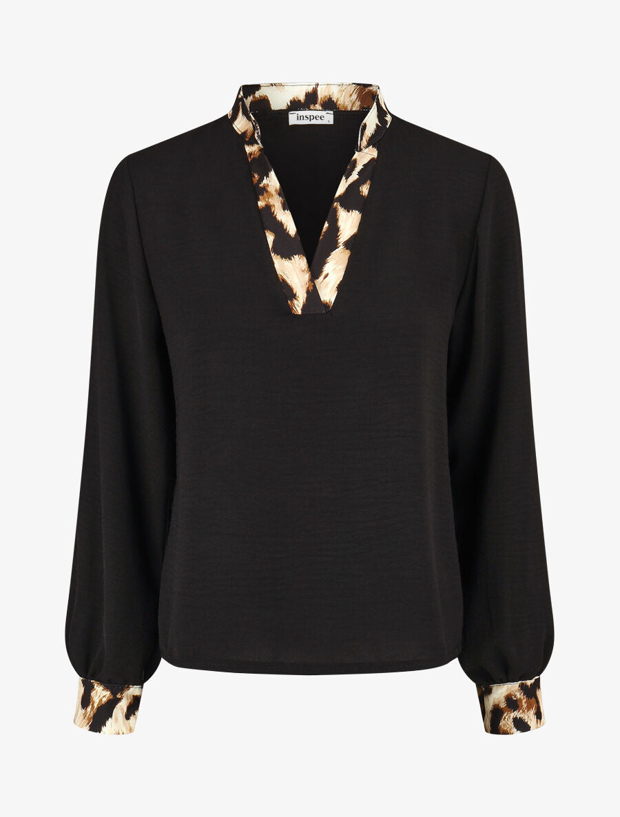 Blouse à bords imprimé léopard - Noir - 1