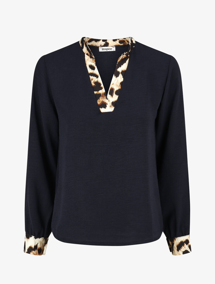 Blouse à bords imprimé léopard - Marine - 4