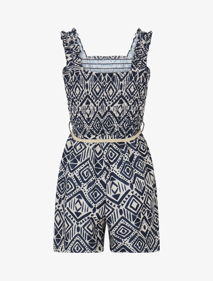 Combishort élastiqué à imprimé éthnique - Marine - 2