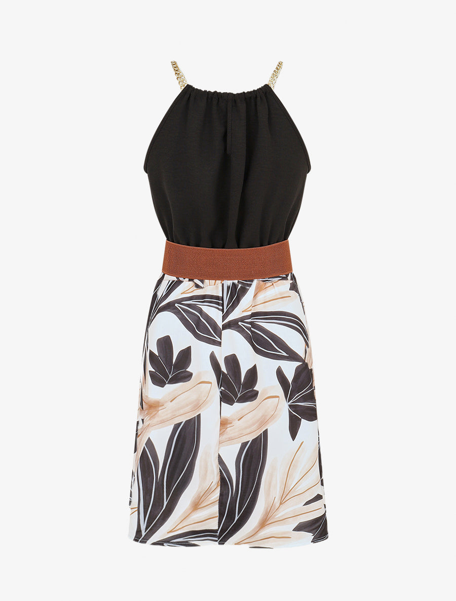Robe mi-longue imprimé feuillage à bretelles en chaîne - Noir - 2