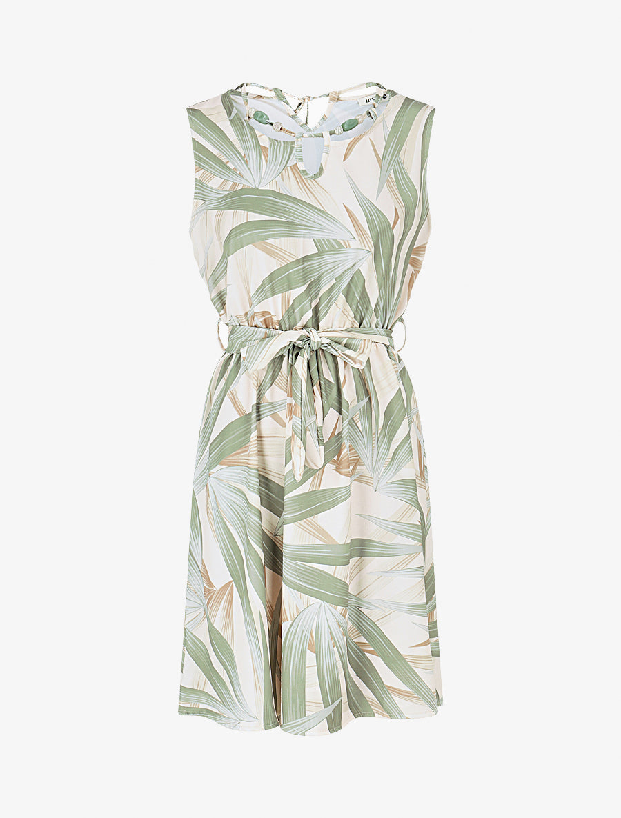 Robe mi-longue à col à perles et imprimé tropical - Kaki - 1