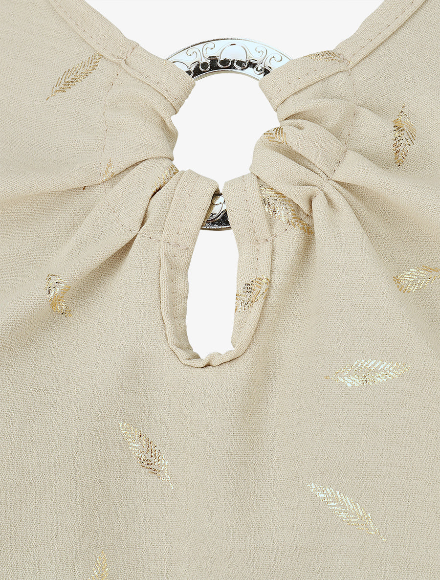 Top droit col fantaisie imprimé plumes dorées - Beige - 3
