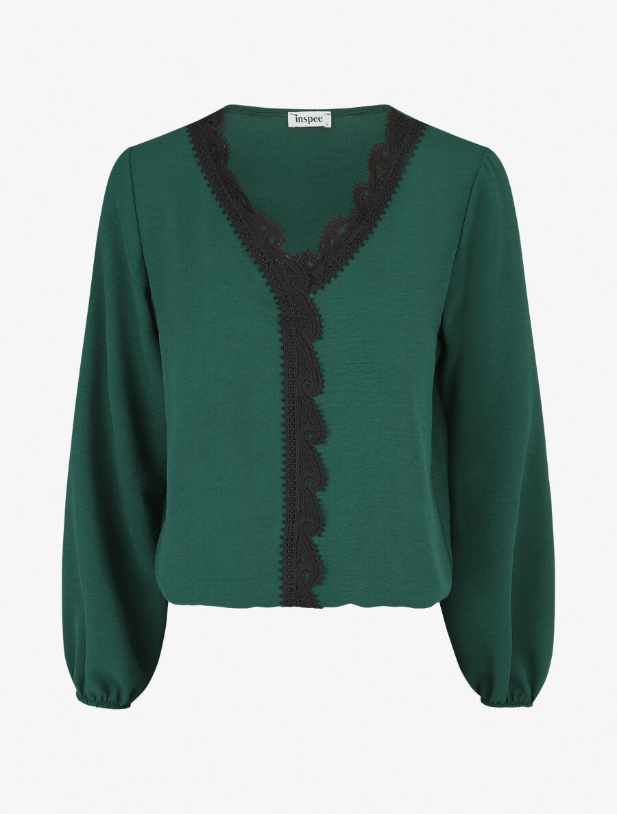 Blouse à col V brodé - Vert sapin - 1