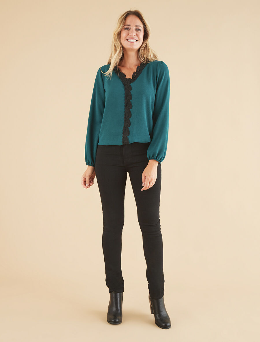 Blouse à col V brodé - Vert sapin - 4