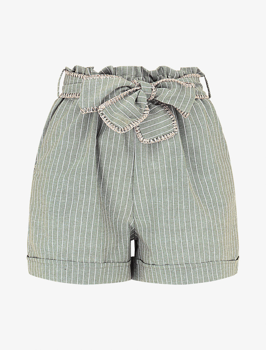 Short fluide à rayures et ceinture fantaisie - Kaki - 1