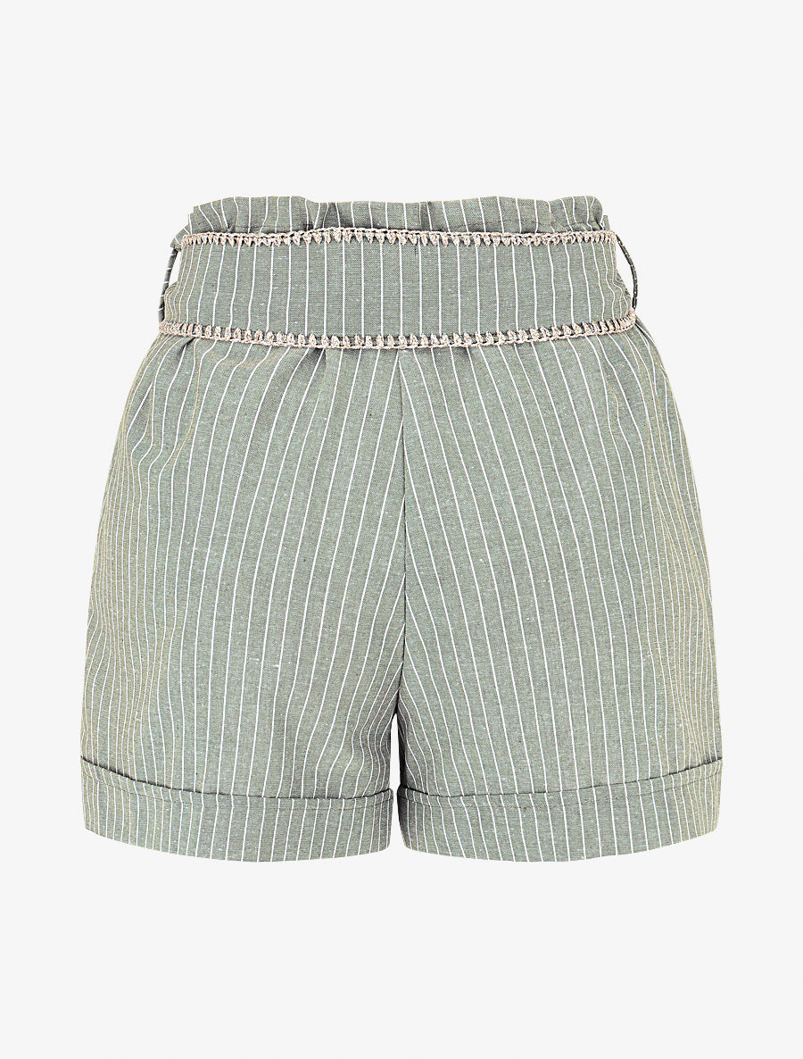 Short fluide à rayures et ceinture fantaisie - Kaki - 2