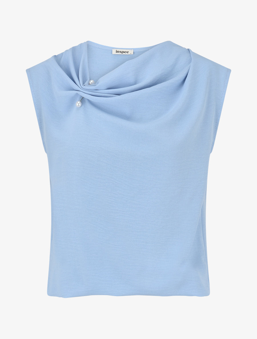 Top boule sans manches à col drapé - Bleu ciel - 1