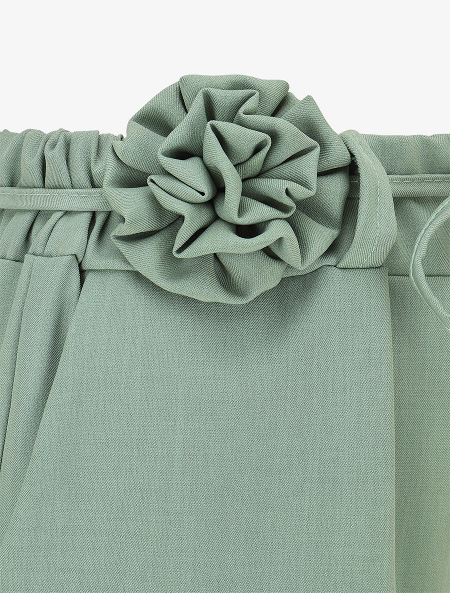 Pantalon droit taille haute à ceinture fleurie - Vert clair - 3