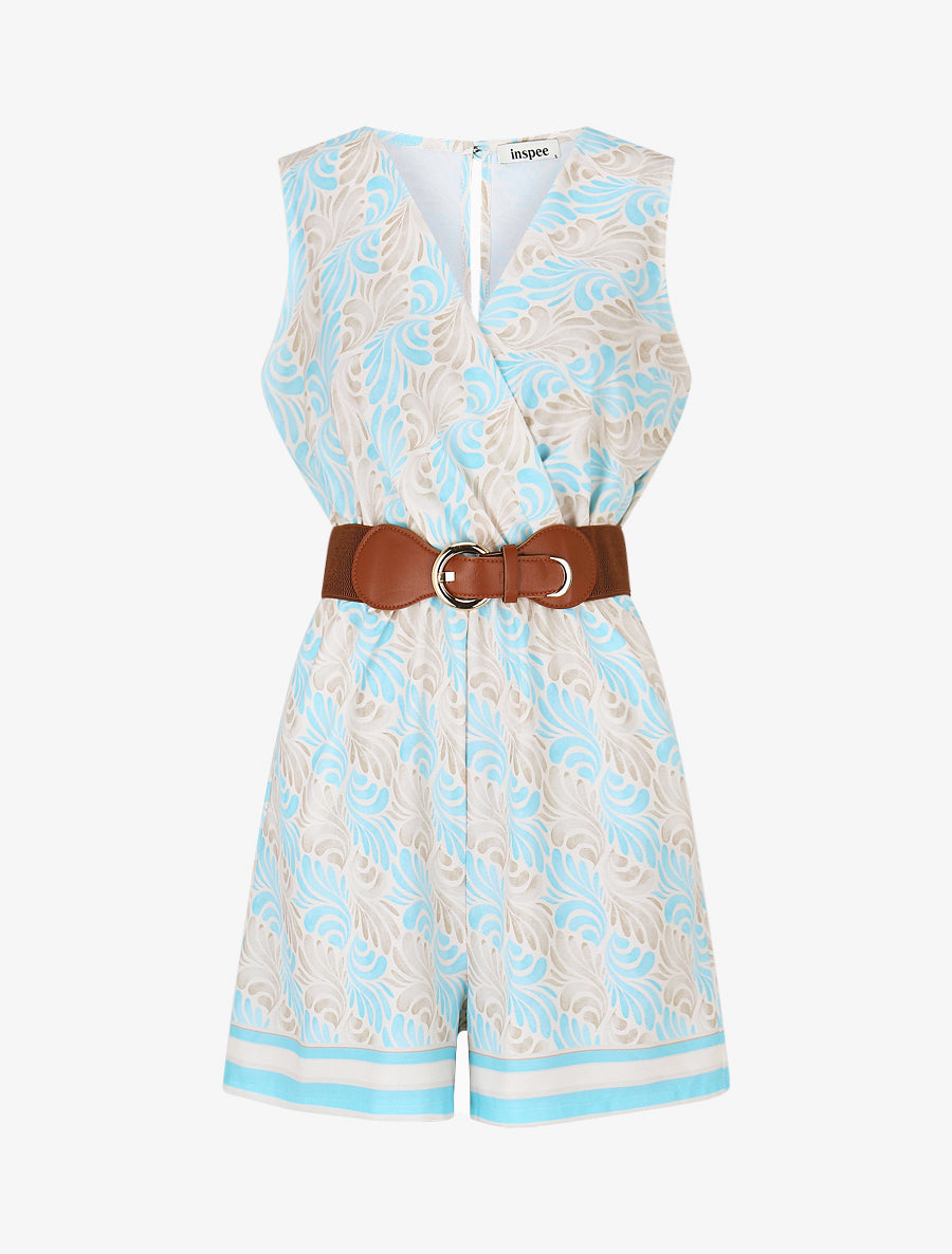 Combishort élastiqué à imprimé foulard - Turquoise - 1