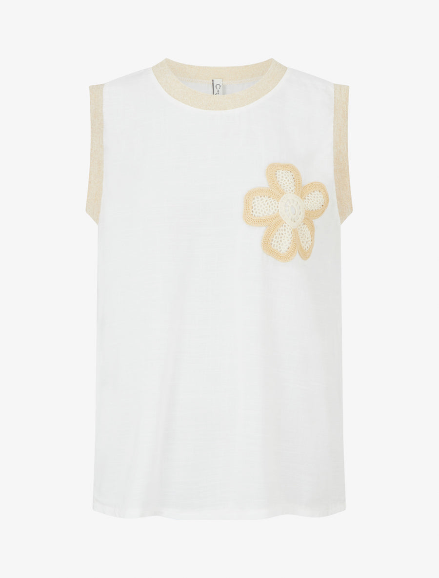 Top droit sans manches à fleur brodée - Blanc - 1
