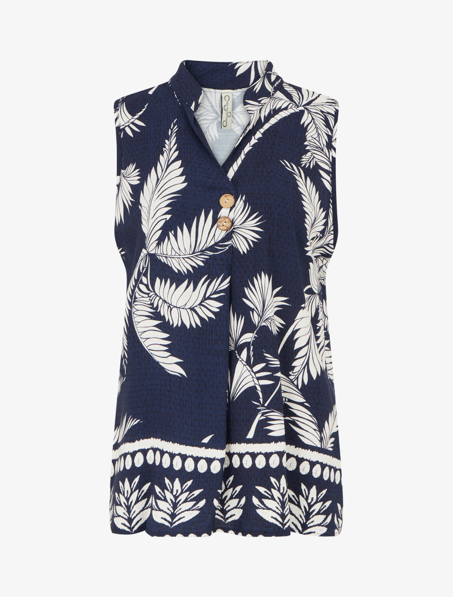 Blouse droite sans manche imprimé tropical - Marine - 1