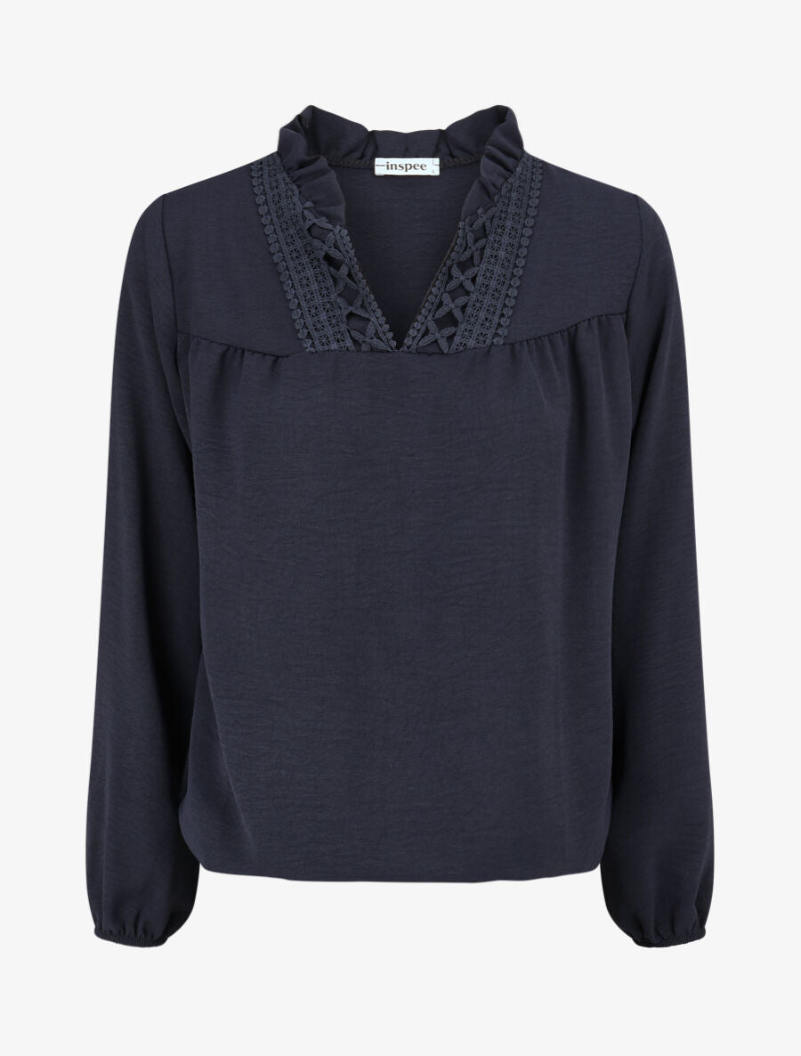 Blouse fluide à col V brodé - Marine - 4