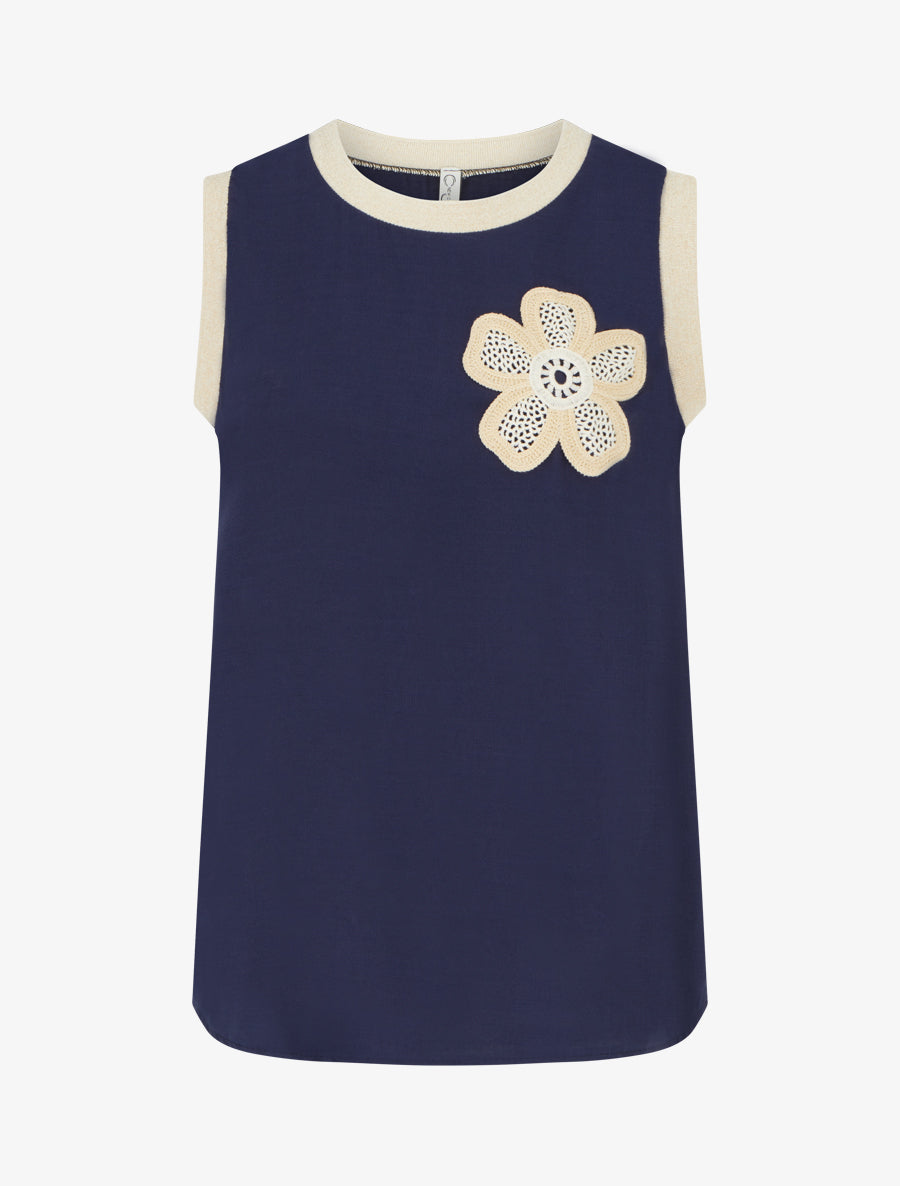 Top droit sans manches à fleur brodée - Marine - 1