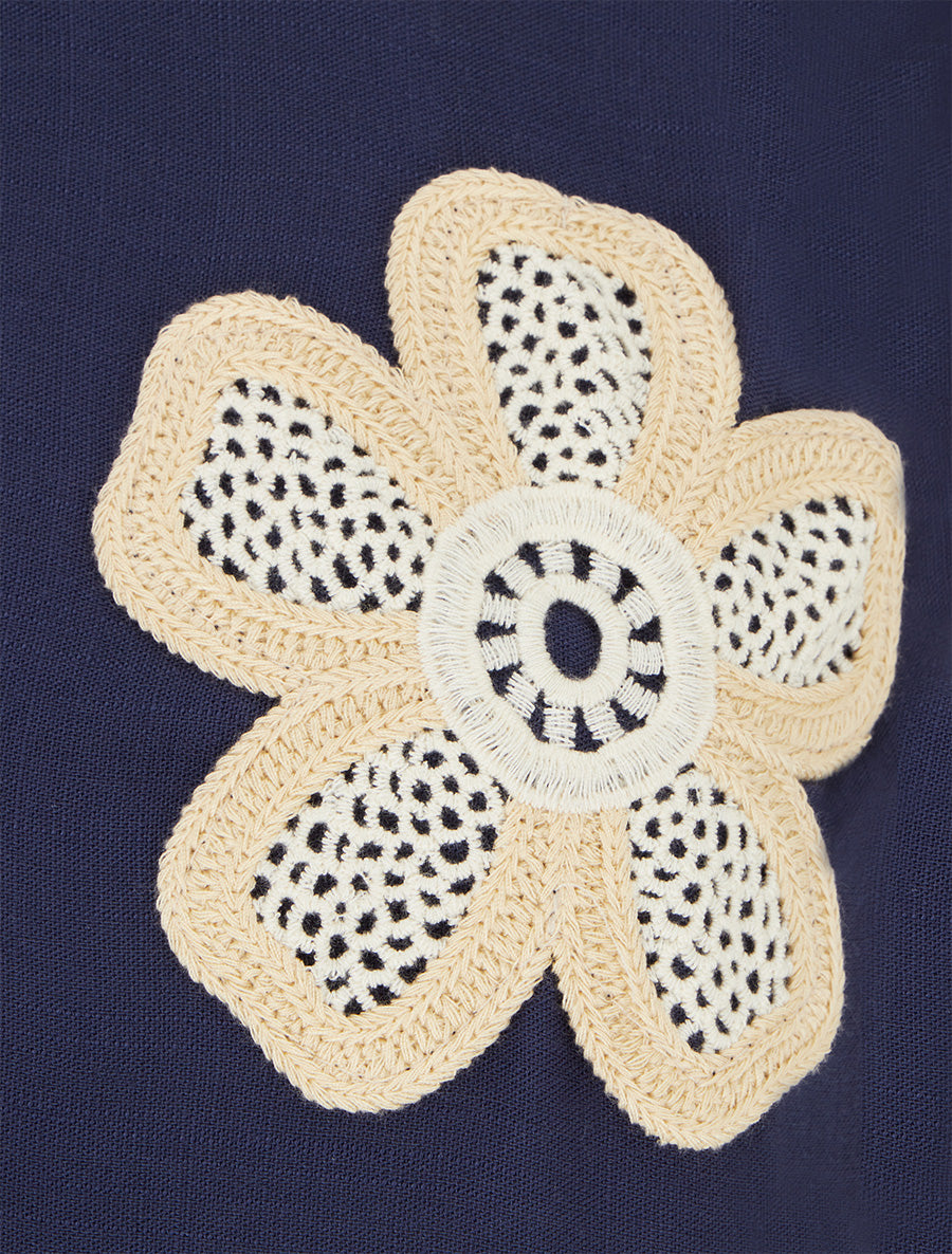 Top droit sans manches à fleur brodée - Marine - 3