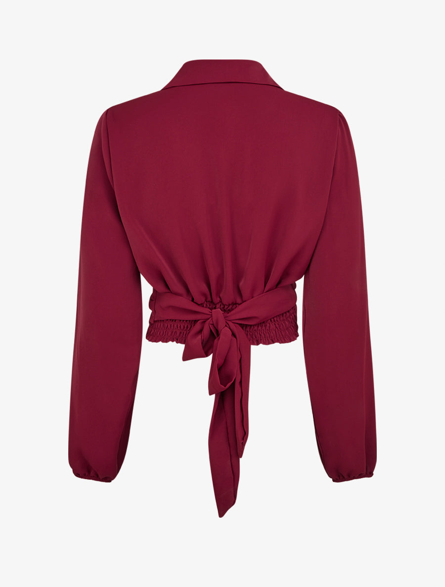 Einfarbiges, satinartiges Wickel-Crop-Top - Bordeaux