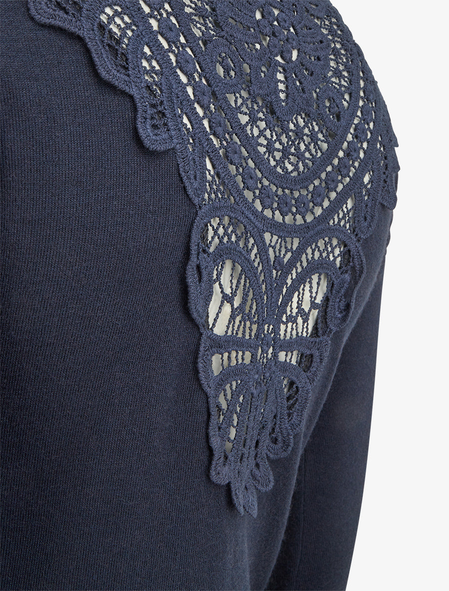 Pull à col bénitier et dos en crochet - Marine - 3