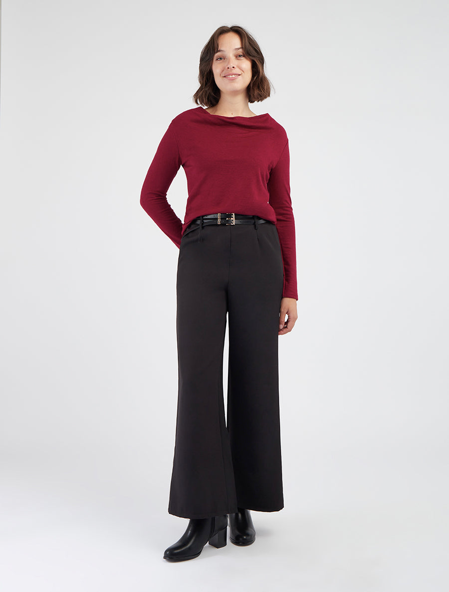 Pullover mit Wasserfallausschnitt und Rückseite aus Häkelspitze - Bordeaux