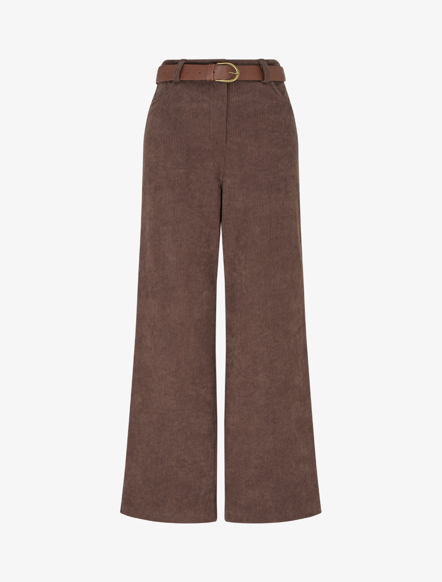 Pantalon ceinturé taille haute en velours côtelé - Marron - 1