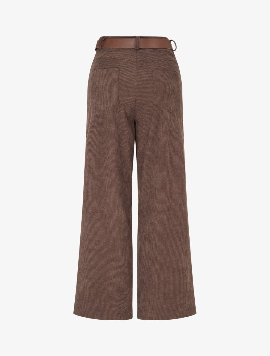 Pantalon ceinturé taille haute en velours côtelé - Marron - 2