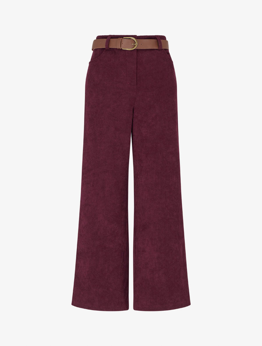 Pantalon ceinturé taille haute en velours côtelé - Prune - 1