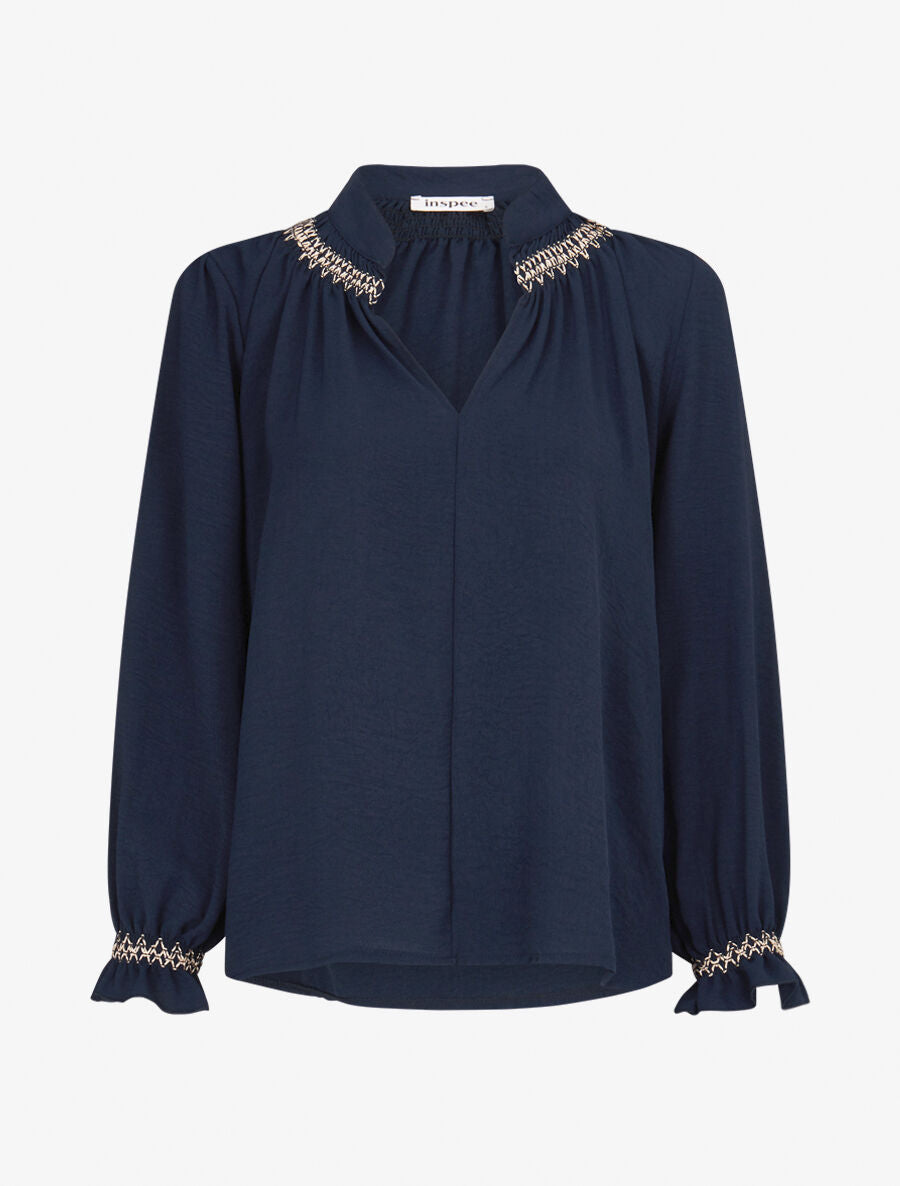 Blouse droite à détail brodé - Marine - 1