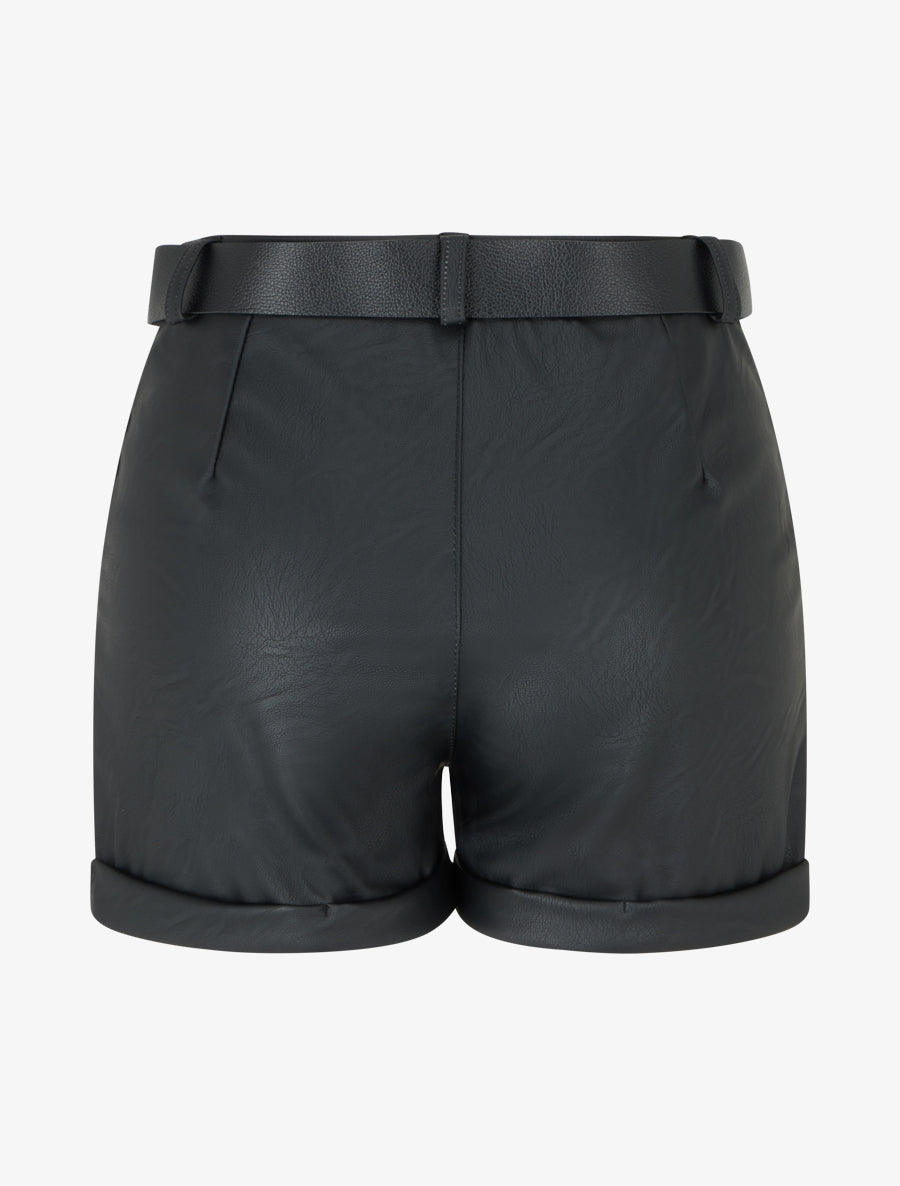 Short ceinturé à revers en simili - Noir - 2